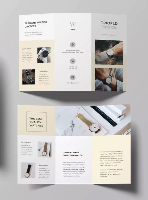 Watch Trifold Brochure Template. This Brochure Suitable for Interior Design and any kind of businesses also corporate. You will get the file in INDD and IDML InDesign format. It is fully editable, customizable and easy to work with. Threefold Brochure Design, Design De Configuration, Brochure Design Layouts, Luxury Brochure, 잡지 레이아웃, Brochure Design Creative, Business Brochure Design, Brochure Design Layout, Brochure Inspiration