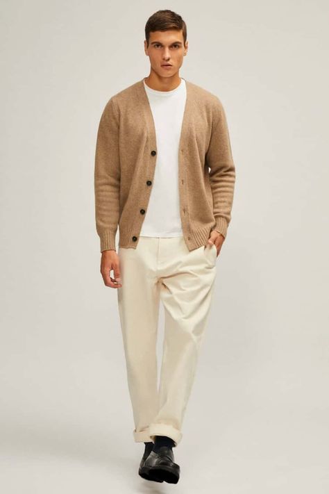 Mens Cream Chinos Outfit, Old Money Cardigan Outfit Men, Beige Cardigan Outfit Men, Cream Chinos Men Outfits, Cream Trousers Outfit Men, Brown Cardigan Outfit Men, Male Cardigan Outfit, Beige Trousers Outfit Men, Cream Pants Outfit Men