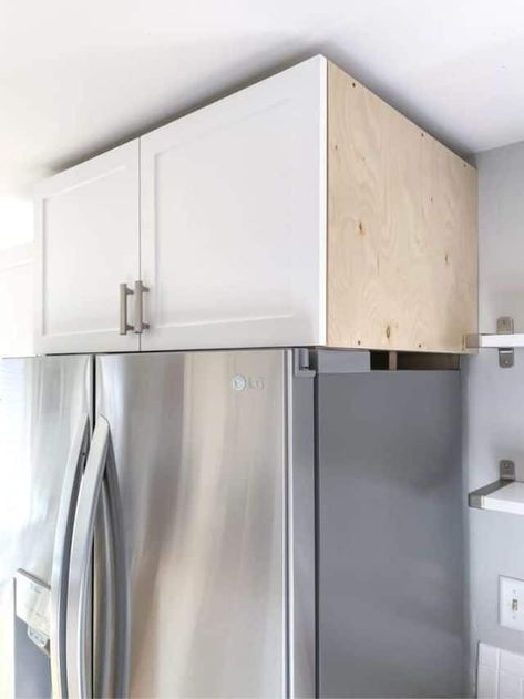 HOW TO MAKE AN ABOVE THE FRIDGE CABINET - The Handyman's Daughter Floating Cabinet Above Fridge, Over The Fridge Cabinet Ideas, Floating Shelves Above Fridge, Over Fridge Cabinet, Cabinets Above Refrigerator, Cabinet Above Fridge, Fridge Cabinet Surround, Over The Fridge Cabinet, Cabinet Above Refrigerator