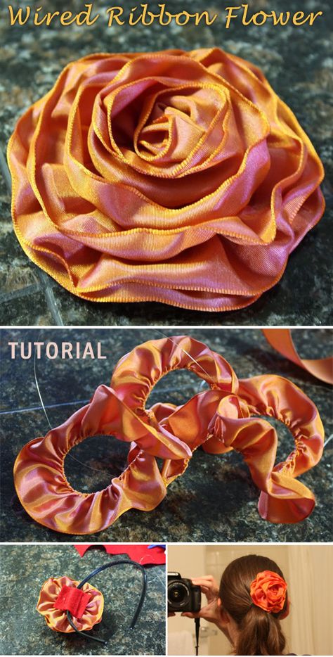 Wired Ribbon Flowers Diy, Ribbon Flowers Tutorials, Diy Ribbon Flowers Tutorial, Wire Ribbon Flowers, Wired Ribbon Crafts, Ribbon Roses Diy, Aesthetic Paper, Ribbon Flowers Diy, Ribbon Flower Tutorial