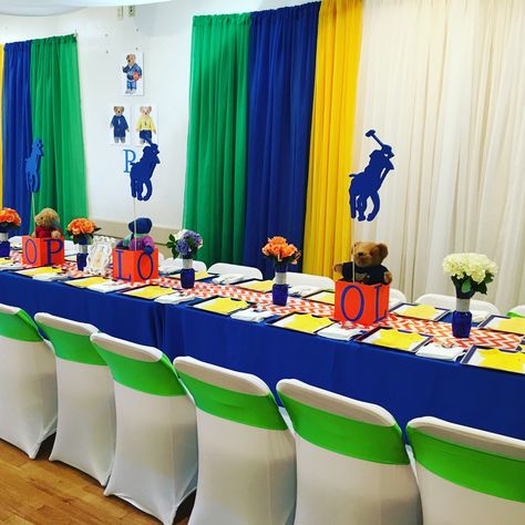 Polo theme baby shower brunch. Draping, table scape and flower centerpieces Polo Gender Reveal, Polo Themed Baby Shower Ideas, Polo Baby Shower Ideas Boys, Polo Themed Baby Shower, Polo Baby Shower, Jordan Cake, Noahs Ark Baby Shower, Gender Reveal Party Theme, Brunch Decor