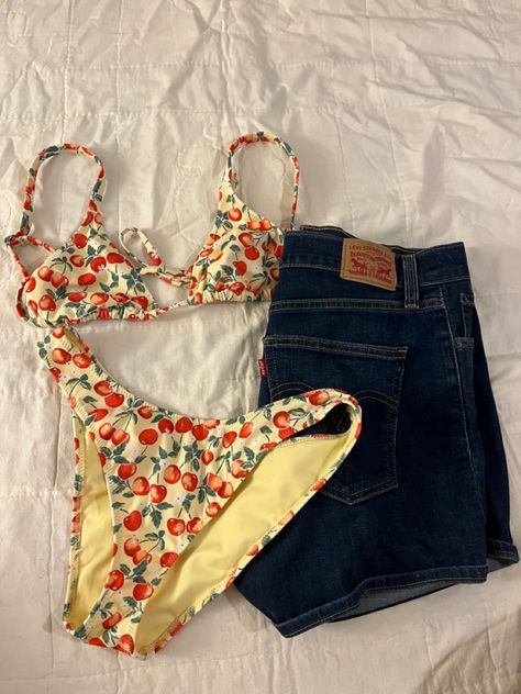 Summer aesthetic cherry bikini levi shorts Mamma Mia Clothes Aesthetic, Summer Outfits Aesthetic Bikinis, Swimsuit Inspo Aesthetic, Cherry Swimsuit Bikinis, Italian Bathing Suits, Mamma Mia Vibe Outfits, Mamma Mia Bathing Suit, Mamma Mia Core Outfits, Summer Aesthetic Swimsuit