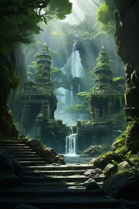 Jungle Hut, Jungle Temple, Jungle Art, Forest City, Creative Genius, Fantasy Forest, Fantasy City, Fantasy Setting, Fantasy Places