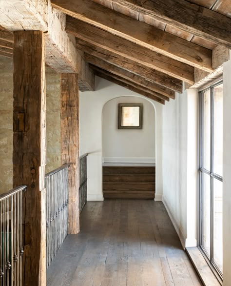 Wood Ceiling And Beams, Catwalk In House Interior Design, Rustic Ranch Interior, Hallway With Beams, Texas House Interior, Timberframe Interiors, Modern Rustic Lake House, Ranch Style Interior Design, Modern Barn Interior