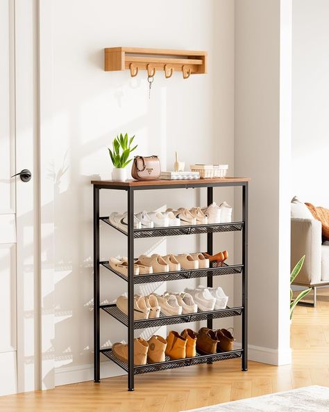 Rustic Shoe Rack, Shoe Rack Organizer, Bag Rack, Shoe Rack Entryway, Shoe Rack Organization, Metal Frames, Wooden Tops, Garden Storage, Closet Storage