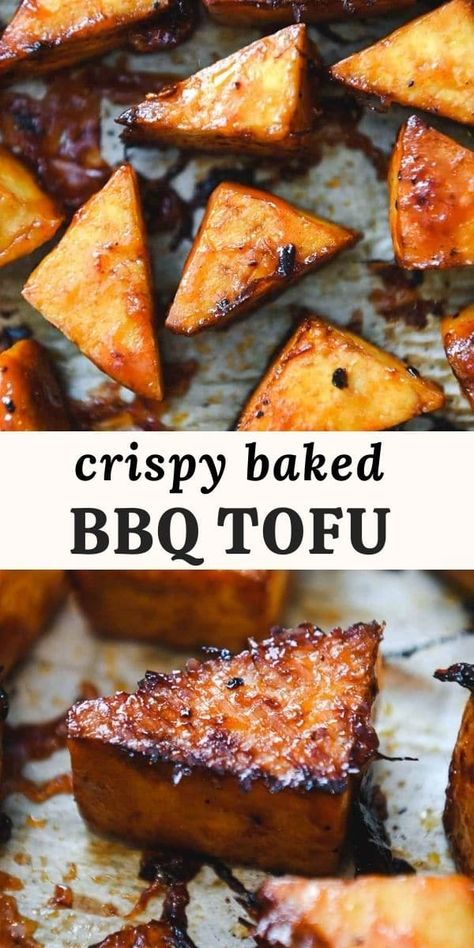 Crispy-baked BBQ tofu is the perfect plant-based protein addition to weeknight meals. It comes together in just over 30 minutes using just 5 simple ingredients, and the tofu doesn't even have to be pressed! Crispy Bbq Tofu, Tofu Recipes Appetizers, Recipes With Extra Firm Tofu, Baked Bbq Tofu, Blackstone Tofu Recipes, Blackstone Tofu, Bbq Tofu Marinade, Baked Tofu Marinade, Tofu Bbq Recipes