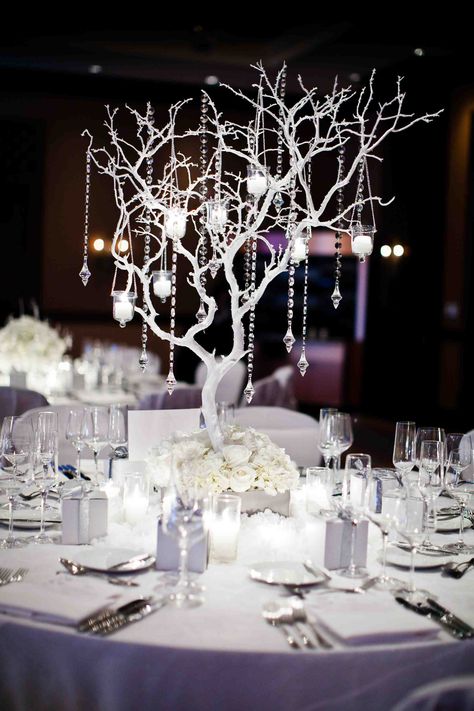 White tree branch centerpiece with crystals                                                                                                                                                                                 More Winter Wedding Table Decorations, Winter Wedding Table, Winter Wedding Centerpieces, Rustic Wedding Decorations, Tafel Decor, Lights Hanging, Tree Centerpieces, Scottsdale Wedding, Winter Wonderland Party