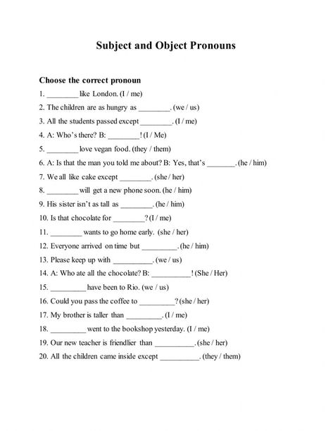 Object Pronouns Worksheets For Kids, Subject And Object Pronouns Worksheets, Object Pronouns Worksheets, Subject Pronouns Worksheet, Subject And Object Pronouns, Pronouns Exercises, Eng Grammar, Subject Pronouns, Basic English Grammar Book