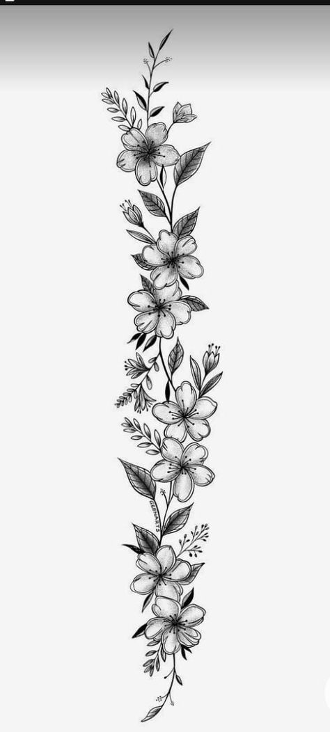 May Flower Spine Tattoo, Side Arm Tattoos For Women Flower, Floral Vine Sleeve Tattoos For Women, Spine Tattoos For Women Rose Vine, Cherry Blossom Leg Tattoo For Women, Back Tattoos With Flowers, Stephanotis Tattoo, Tattoo Ideas Lower Leg, Arm Vines Tattoo