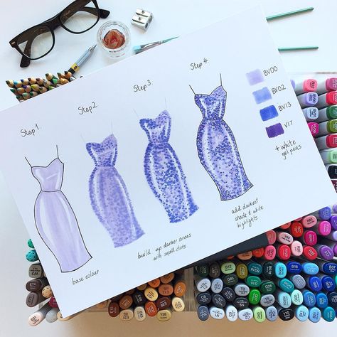 Sarah Jane on Instagram: “A sparkling little step-by-step ✨ The following is a quick look at how I sometimes render shimmering sequins. Hope it’s helpful to some!…” Fashion Study, Croquis Fashion, Fashion Illustration Tutorial, Fabric Drawing, Fashion Illustrations Techniques, Illustration Techniques, Fashion Drawing Tutorial, Sketch Books, Fashion Sketchbook