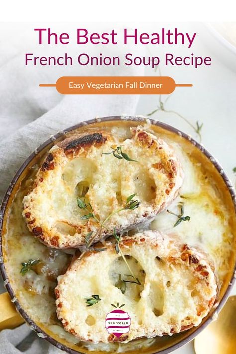 This simple Vegetarian French Onion Soup recipe is comforting and satisfying for a chilly fall or winter day. Lentils add a boost of protein and added nutrition, while melted gruyere toasties round out the whole soup. Soup With Lentils, Vegetarian French Onion Soup, Homemade French Onion Soup, Cheese Toasties, Onion Soup Recipe, French Onion Soup Recipe, Plant Based Recipes Easy, Dried Lentils, Healthy Vegetable Recipes