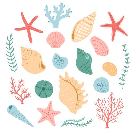 Download the Seashell and coral vector illustration, simple color, flat design 7374618 royalty-free Vector from Vecteezy for your project and explore over a million other vectors, icons and clipart graphics! Cute Ocean Clipart, Cute Sea Shell Drawing, Starfish Drawing Illustrations, Simple Coral Drawing, Simple Seashell Painting, Sea Coral Illustration, Cute Seashell Drawing, Shell Illustration Seashells, Star Fish Illustration