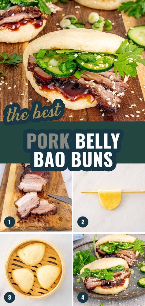 Try these delicious Pork Belly Bao Buns! Tender pork belly, fluffy buns, and fresh garnishes make for an unforgettable meal. #BaoBuns #PorkBelly Pork Belly Bao Buns, Pork Belly Bao, Gua Bao, Chinese Pork, Spring Roll Recipe, Bao Buns, Pork Buns, Marinated Pork, Easy Pork