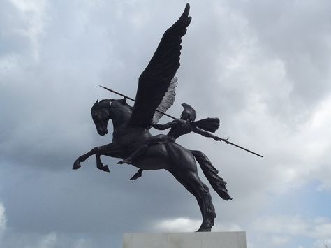 National Memorial Arboretum - Parachute Regiment -  Pegasus and the rider Bellerophon Pegasus Rider, Horse With Wings, Parachute Regiment, Greek Mythology Tattoos, Winged Horse, Mythology Tattoos, Greek Sculpture, Greek Art, Heroes Of Olympus