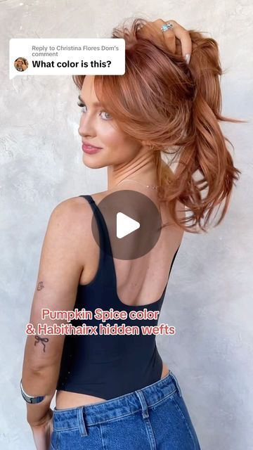 Chrissy Ellingson Rasmussen on Instagram: "The gorgeous @julia.hatchh 💫🧡🍑🍊 wearing @habithairx pumpkin spice 22 inch hidden extensions! Also available in clip ins! Get @julia.hatchh’s EXACT hair color formula on our @habiteducation app! Link in bio & stories!" Pumpkin Spice Hair Color Formula, Spice Hair Color, Pumpkin Spice Hair Color, Pumpkin Spice Hair, Hair Color Formulas, February 10, Relaxed Hair, Wooden Sculpture, Fashion App