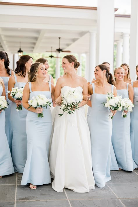 Light Blue Bridesmaids Navy Groomsmen, White And Powder Blue Wedding, Light Blue One Shoulder Dress, Blue White Bridesmaid Dress, Flowers For Blue Wedding, Coastal Blue Bridesmaid Dresses, Spring Blue Bridesmaid Dresses, Blue And White Wedding Bridesmaids, Blue And White Southern Wedding