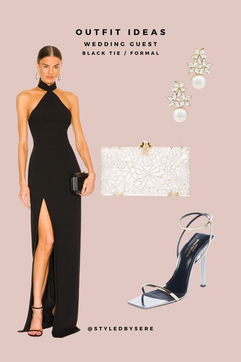 A sleek black dress is a black tie / formal wedding guest dress staple. Add some fun and flair with the accessories. Here, we use metallics, pearls, and golds to stand out from the rest of the wedding guests. Black Formal Dress With Pearl Accessories, Black Tie Formal Wedding Guest, Black Tie Wedding Guest Dress Summer, Black Tie Formal Wedding, Black Tie Jewelry, Sleek Black Dress, Dresses For Formal Events, Black Tie Wedding Guest Dress, Formal Wedding Guest Dress