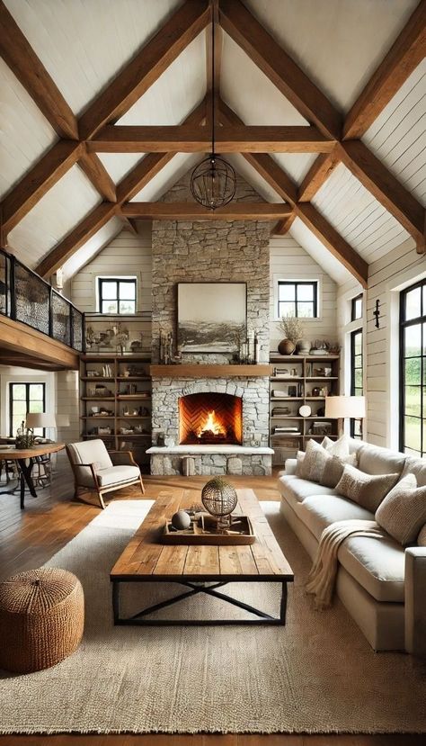 WhatsApp Two Way Fireplace Living Rooms, Modern Farmhouse Living Room Design, Modern Stone Fireplace, Cozy Modern Farmhouse Living Room, Exposed Brick Fireplaces, Cozy Modern Farmhouse, Living Room Design Board, Farmhouse Living Room Design, Exposed Beams Ceiling