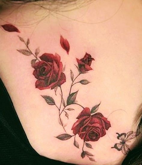 Roses Thorns Tattoo, Climbing Rose Tattoo, Rose Collar Bone Tattoo, Rose Chest Tattoo, Rose Vine Tattoos, Wild Rose Tattoo, Skull Rose Tattoos, Rose Shoulder Tattoo, Ear Tattoo Ideas