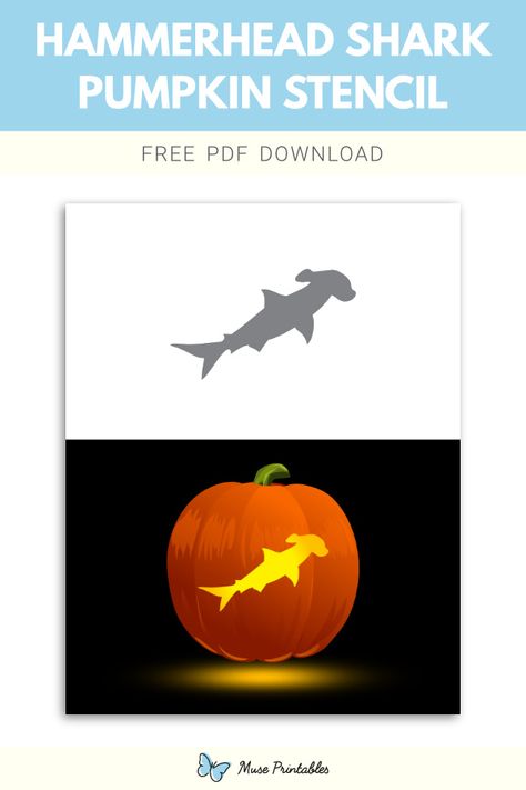 Free printable hammerhead shark stencil for pumpkin carving. Download it at https://museprintables.com/download/pumpkin-stencil/hammerhead-shark/ Shark Pumpkin Carving Stencil, Pumpkin Carving Ideas Shark, Whale Shark Pumpkin Carving, Pumpkin Shark Painted, Shark Pumpkin Carving, Hammer Head Shark Tattoos Outline, Pumkin Carving Stencils, Hammerhead Shark Silhouette, Halo Warthog