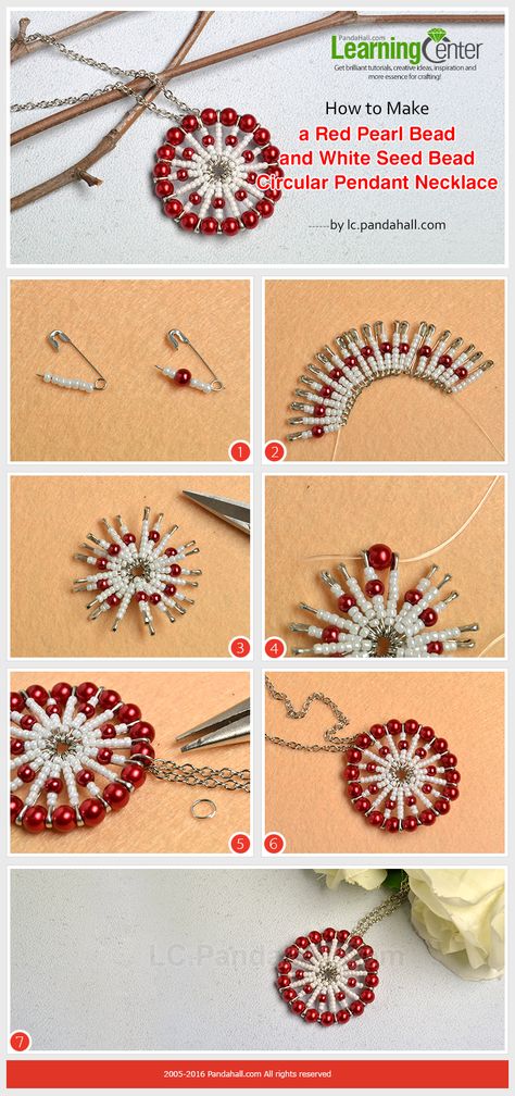 Learn from #Beebeecraft How to make a Red #PearlBead and White #SeedBead #CircularPendant #Necklace Seed Bead Necklace Tutorials, Red Pendant Beaded Necklace Gift, Red Pendant Beaded Necklace As Gift, Red Pendant Beaded Necklace For Festivals, Red Beaded Necklaces With Silver Beads As Gift, Red Jewelry With Bead Caps, Safety Pin Crafts, Safety Pin Jewelry, Seed Bead Crafts