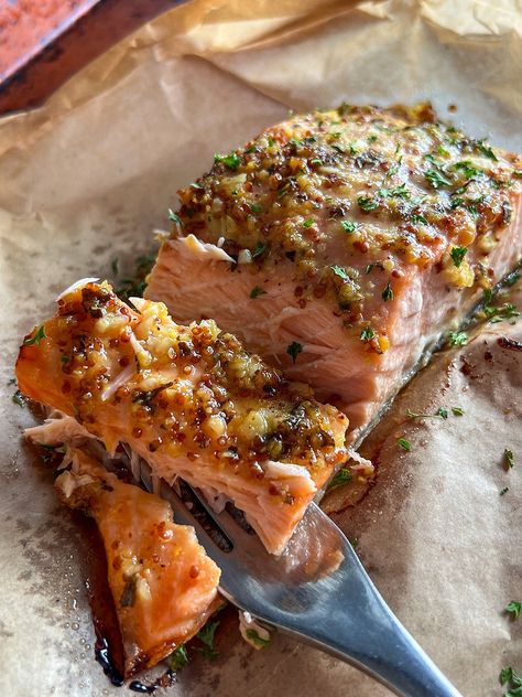 PAPER-BAKED SALMON WITH STONE GROUND MUSTARD GLAZE Paper Baked Salmon, Christmas Salmon, Stone Ground Mustard, Steam Salmon, Mustard Salmon, Seafood Buffet, Christmas Meal, Ground Mustard, Salt Flakes