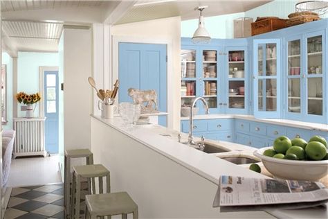 Look at the paint color combination I created with Benjamin Moore. Via @benjamin_moore. Wall: Blue Bonnet 2050-70; Accent Wall: Mocha Cream 995; Cabinets: Sapphire Ice 808; Doors: Sapphire Ice 808. Breakfast Bar Kitchen Wall, Benjamin Moore Kitchen, Teal Paint Colors, Benjamin Moore Classic Gray, Blue Gray Paint Colors, Black Paint Color, Lake House Interior, Blue Gray Paint, Color Combinations Paint