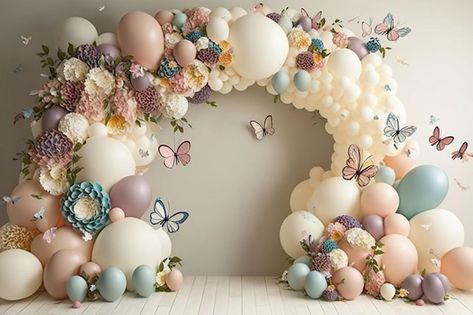 Butterfly Birthday Balloon Arch, Balloon Arch With Butterflies, Baptism Girl Theme, Butterfly Shower Theme, Butterfly Baby Shower Centerpieces, Baptismal Ideas, Butterfly Backdrop, Butterfly Balloons, Fairy Garden Birthday Party