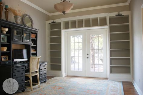 I used 3 Billy Bookcases to build shelves around my french doors. I added trim and moulding to get the seamless and built in look! Check out more details here. Penny Topped Ikea Lack Side Table Deka gallery Billy Ikea, Ikea Built In, Billy Bookcase Hack, Ikea Billy Bookcase Hack, Bookcase Diy, Ikea Design, Ikea Bookshelves, Ikea Billy Bookcase, Ikea Shelves