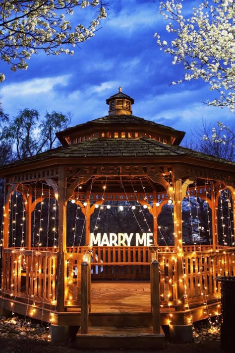 This picture is from 3 years ago when my husband first proposed to me. There was a trail of signs in the park with short phrases on them with reasons why he loved me. The trail of signs led to this beautiful gazebo that he set up. It was the most romantic moment I could’ve ever imagined and I’ll forever cherish it. He covered this gazebo with Christmas string lights since I was a fan of a scene from twilight and put the lighted “marry me” letters in the back which he got from michaels. Marry Me Lights Proposal, Proposal Ideas Gazebo, Christmas Lights Proposal, Engagement Proposal Ideas Surprise, Gazebo Engagement Ideas, Proposal Gazebo, Gazebo Proposal Ideas, Proposal Set Up, Park Proposal Ideas