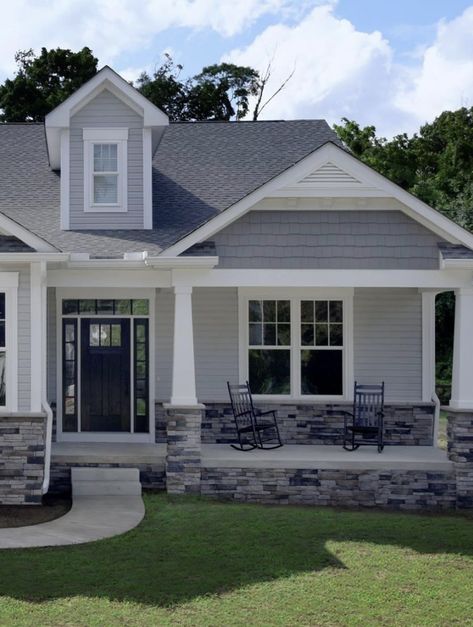 Stack Stone Exterior House Front Porches, Stone On Front Porch, Stone In Front Of House, Half Porch Front Of House, Front Stone Patio, Grey Front Porch Ideas, Stone On Front Of House Exterior, Faux Stone Panels Exterior Front Porches, Front Porch Stone Ideas