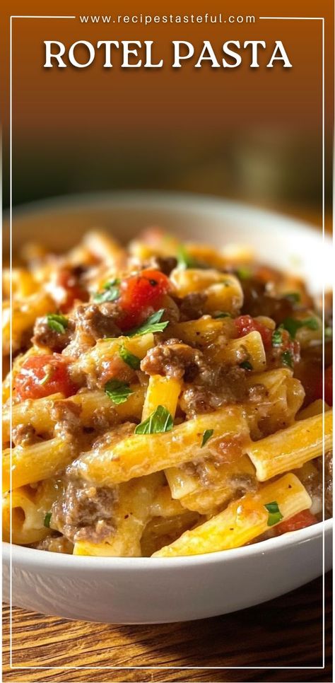 Rotel Pasta is a savory, creamy dish filled with the perfect blend of ground chuck, bell peppers, onions, and melty Velveeta cheeses. The addition of Rotel tomatoes and an array of seasonings takes this easy-to-make recipe to the next level. With a rich, creamy texture from the Velveeta and heavy cream, this dish is guaranteed to be a family favorite! Perfect for weeknight dinners, meal prepping, or a crowd-pleasing dish. #RotelPasta #CreamyPasta #VelveetaPasta #CheesyPasta #EasyDinner How To Make Rotel, Rotel Pasta, Ground Chuck, Creamed Beef, Creamed Onions, Rotel Tomatoes, Velveeta Cheese, Cheesy Pasta, Creamy Pasta