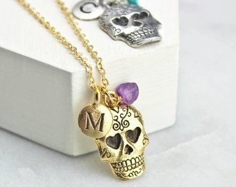 Sugar Skull Necklace - Personalised - 16th - 18th - 21st - 30th - Birthday - March Birthstone - Gift for her Sugar Skull Necklace, Sugar Skull Jewelry, Sugar Skull Design, Gem Necklace, Dainty Chain, Skull Jewelry, March Birthstone, Skull Necklace, Sugar Skulls