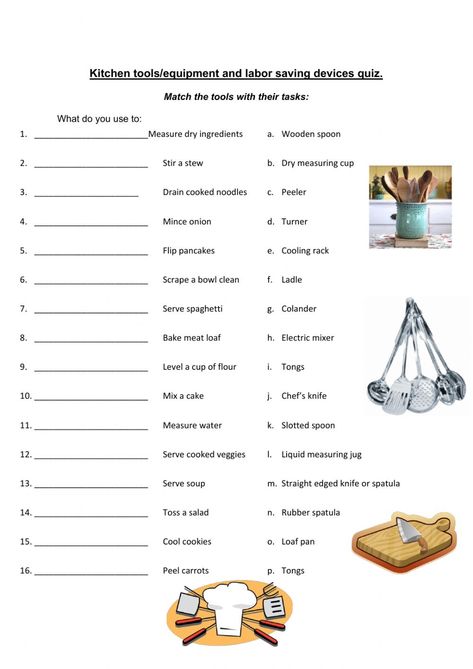 Cooking Worksheets Free Printables, Cookery Worksheets, Kitchen Safety Worksheets, Lifeskills Cooking Activities, Kitchen Utensils Worksheet, Cooking Vocabulary Worksheets, Studying Food, Culinary Classes, Cooking Measurements