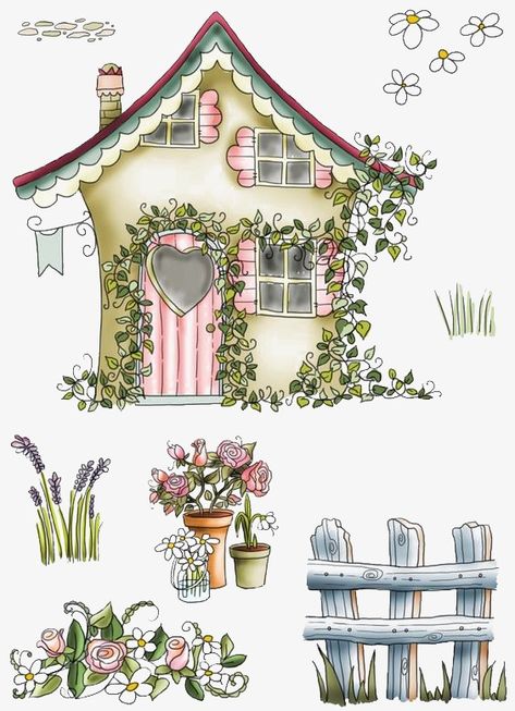 Kaktus Dan Sukulen, Cartoon Building, House Cartoon, Flowers Png, Grafic Design, House Drawing, Country Style Homes, Digi Stamps, Decoupage Paper