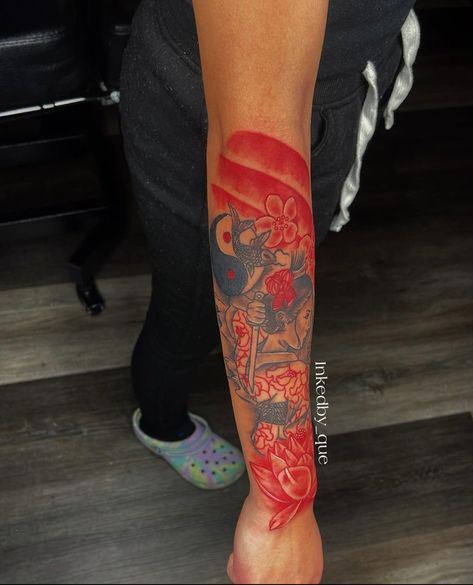 Sleeve Tattoos For Women Red Ink, Forearm Tattoo Women Color, Red Sleeve Tattoos For Women, Red Forearm Tattoo Women, Red Forarm Tattoos For Women, Colorful Forearm Tattoo, Red Sleeve Tattoo Black Women, 4 Meaning, Dragon Hand Tattoo