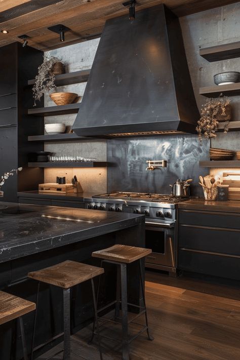 Kitchen Ideas | The Olive Branch Nest Black Kitchen Backsplash, Black Industrial Kitchen, Industrial Kitchen Ideas, 2025 Kitchen, Spanish Kitchen Design, Alaska House, Rustic Meets Modern, Timeless Kitchen Design, The Olive Branch