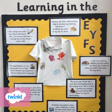 Claire created this informative display to help parents/carers to understand the learning that takes place when children explore and get a little messy!  Create your own display with the help of our learning can be messy display pack - click to download from the Twinkl website.   #learning #eyfs #earlyyears #classroomdisplay #classroominspiration #classroomideas #teachingresources #teaching #teacher #twinkl #twinklresources #education #school Eyfs Curriculum Display, Our Curriculum Display Eyfs, Welcome Display Eyfs, Welcome To Eyfs Display, Colour Display Eyfs, Eyfs Transition Activities, Eyfs Display Boards, Class Charter Display Eyfs, Key Person Display Nursery Eyfs