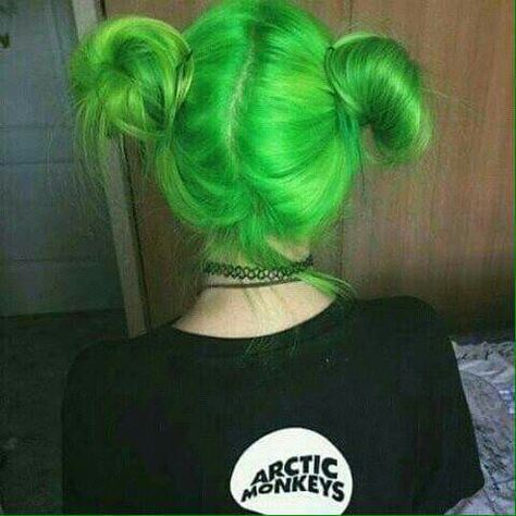 Green fluffy space buns yasss Bright Green Hair, Green Hair, Bright Green, A Woman, Green, Hair, Black