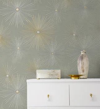 Everly Quinn Jordynne Starburst Geo Smooth 18" L X 20.5" W Peel and Stick Roll Wallpaper | Wayfair Mid Century Modern Wallpaper, Wallpaper Crafts, Gold Starburst, Gold Vinyl, Smooth Walls, Modern Wallpaper, Wallpaper Bedroom, Burke Decor, Mid Century Modern Design