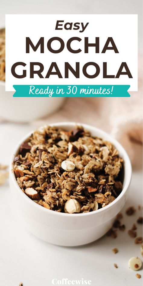 This easy homemade granola recipe is ready in just 30 minutes. With a subtle coffee and chocolate flavor, this healthy chocolate granola is perfect for breakfast or a healthy snack | Healthy coffee granola recipe | Nutty chocolate granola | Mocha granola recipe | Coffee recipes | Cooking with coffee Coffee Ground Granola, Microwave Granola Recipe, Microwave Granola, Mocha Granola, Cooking With Coffee, Healthy Chocolate Granola, Coffee Granola, Healthy Granola Recipe, Healthy Homemade Granola Recipe