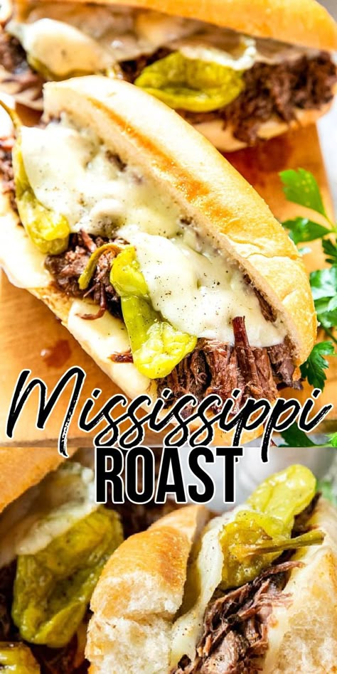 Mississippi Roast on a sandwich Crockpot Roast Sandwiches, Roast With Peppercinis Crock Pot, Chuck Roast Crock Pot Recipes Sandwiches, What To Serve With Mississippi Pot Roast, Pot Roast Sandwiches Crock Pot Recipes, Mississippi Roast Sliders, Missippi Pot Roast Sandwich, Mississippi Sandwich, Chuck Roast Sandwich Crock Pot