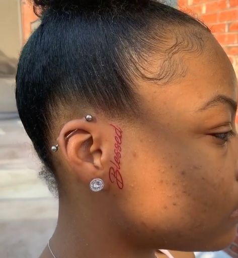 Women Side Face Tattoo, Face Tattoo Sideburn, Ear Face Tattoos For Women, Cute Side Face Tattoos For Women, Small Women Face Tattoos, Side Ear Face Tattoo Women, Blessed Face Tattoo, Behind Ear Tats Black Women, Tattoo Ideas On Face