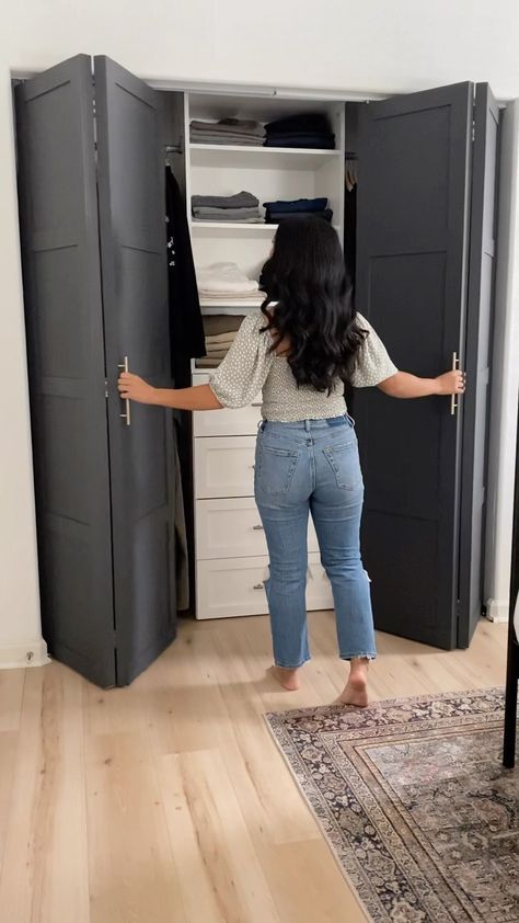 Premade bifold doors + wood trim & paint = 🖤. Still one of our favorite (and one of the easiest) DIYs to date ✨ #homediy #diyhome… | Instagram Bifold Bedroom Door Ideas, Diy Double Closet Doors, Modern Closet Doors Bedrooms, Interior Bifold Doors Ideas, Diy Closet Bifold Doors, Wood Bifold Closet Doors, Hallway Closet Door Makeover, New Closet Doors, Painted Bifold Doors