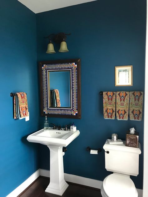 Powder Room=Benjamin Moore, Slate Teal Turquoise Powder Room, Teal Powder Room Ideas, Slate Teal Benjamin Moore, Turquoise Hallway, Teal Powder Room, Benjamin Moore Slate Teal, Teal Bathrooms, Powder Room Paint Colors, Media Room Paint Colors