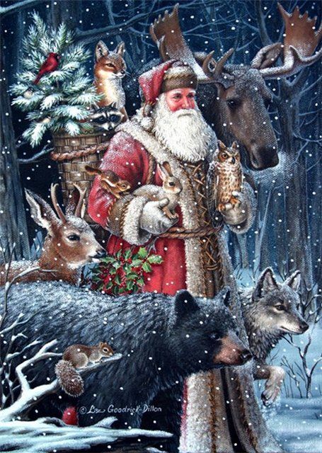 ELIZABETH GOODRICK-DILLON Santa Claus with Moose! black bear wolf deer cardinal, etc. Xmas Christmas Woodland Santa, Images Noêl Vintages, Boxed Christmas Cards, Vintage Christmas Images, Old Fashioned Christmas, Christmas Past, Christmas Scenes, Victorian Christmas, Noel Christmas