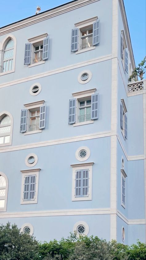 Light Blue Architecture, Pastel Blue House Exterior, Blue Building Aesthetic, Light Blue Building, Pale Blue Aesthetic, Pastel Buildings, Light Blue Houses, Blue Moodboard, Blue Shed