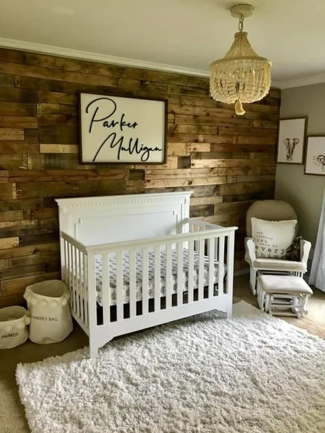 Wood Wall In Nursery, Wood Nursery Wall, Country Farmhouse Nursery, Wooden Accent Wall Nursery, Nursery Accent Wall Wood, Pallet Wall Nursery, Wood Accent Wall Nursery, Pallet Crib, Cow Nursery Ideas