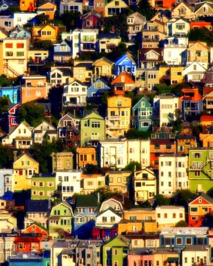 San Francisco - Daly City Little boxes on the hillside. i had a dream like this, except the houses were on an island. Colorful Cities, 60s Wallpaper, Inspiring Architecture, Daly City, Travel California, Colorful Houses, City Photos, San Fernando Valley, San Francisco City