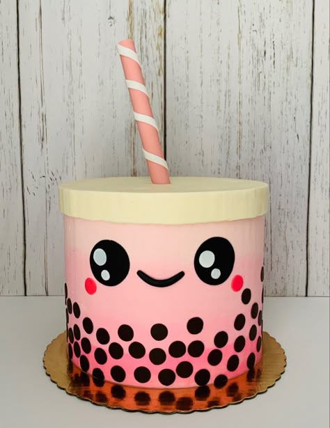 Boba Cakes Ideas, Boba Theme Cake, Boba Tea Cake Ideas, Bubble Tea Cake Design, Bubble Tea Party Ideas, Boba Tea Party Ideas, 10 Birthday Cake Girl, Boba Cake Birthday, Boba Birthday Cake